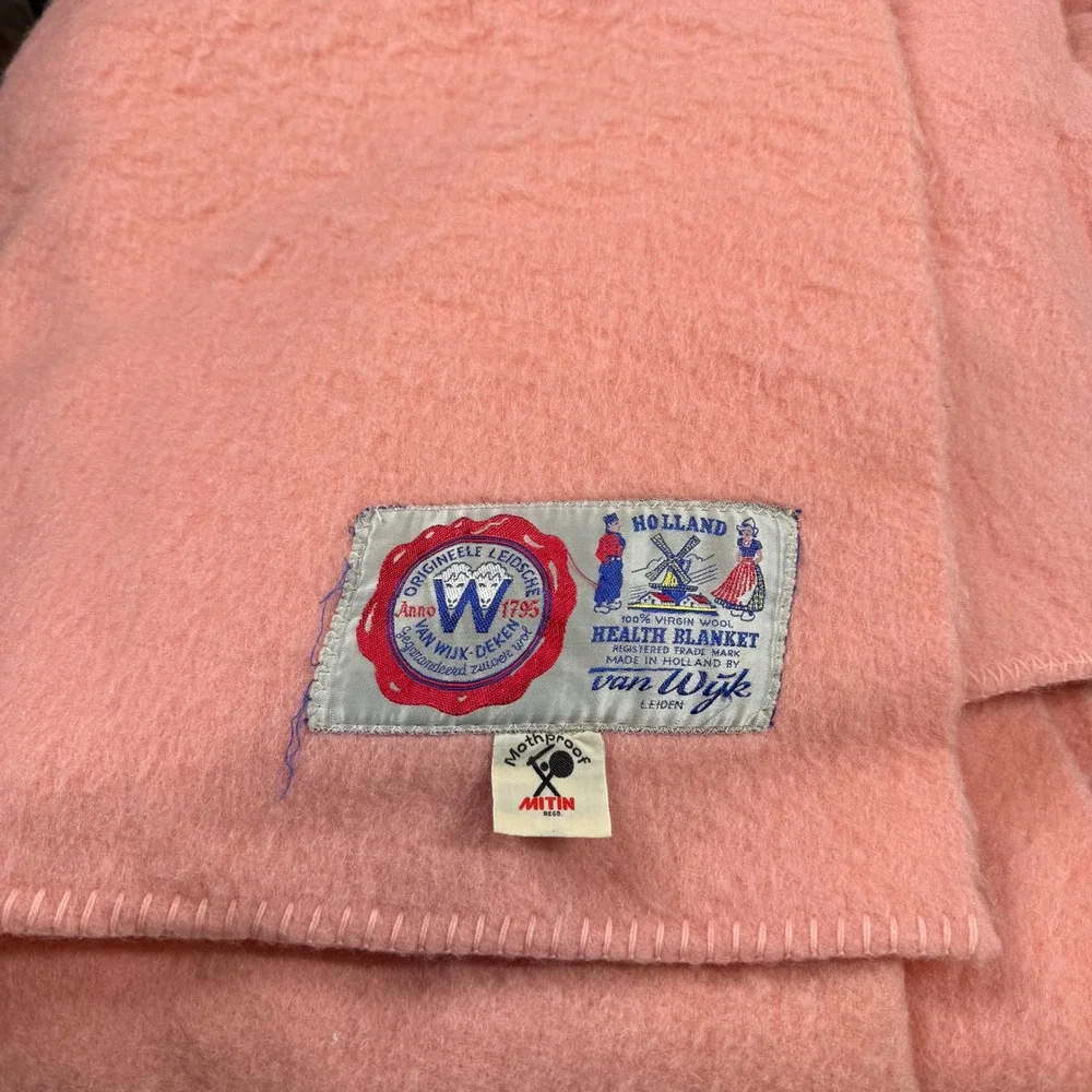 Vtg Van Wijk Deken 100% Virgin Wool Health Blanket Peach Pink Made in Holland